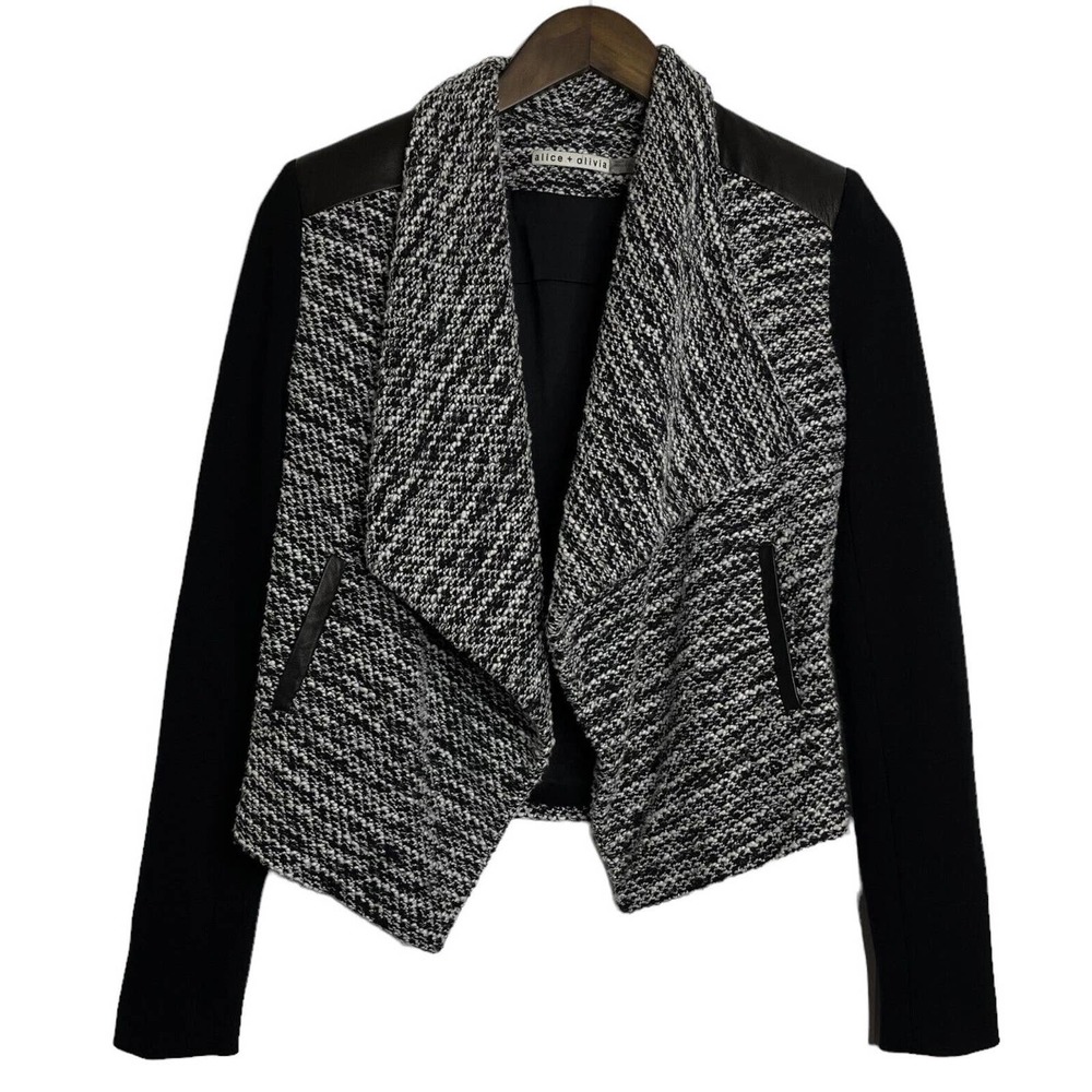Alice + Olivia Burma Leather Tweed Collar Black White Jacket Size 0/XS